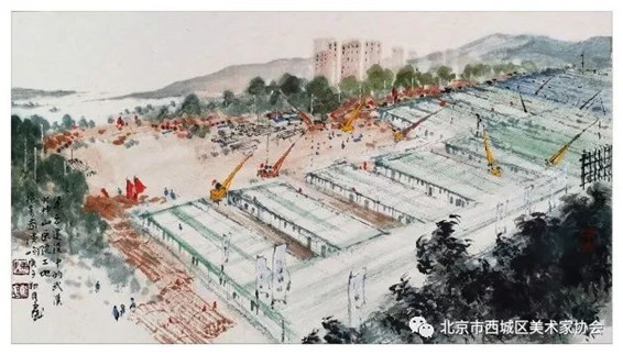 《紧急施工中的武汉火神山医院工地》 陈溪峋作。通过电视新闻中看到，在全国各界支持下，武汉火神山医院夜以继日的施工场面，有感而创作。僅向抗击疫情第一线的工人们和医务工作者们致敬，您们辛苦了，全国人民感谢你们。